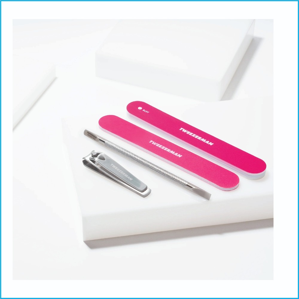 Tweezerman Neon Pink Manicure Kit Nail Clipper File Buffer Pusher Set