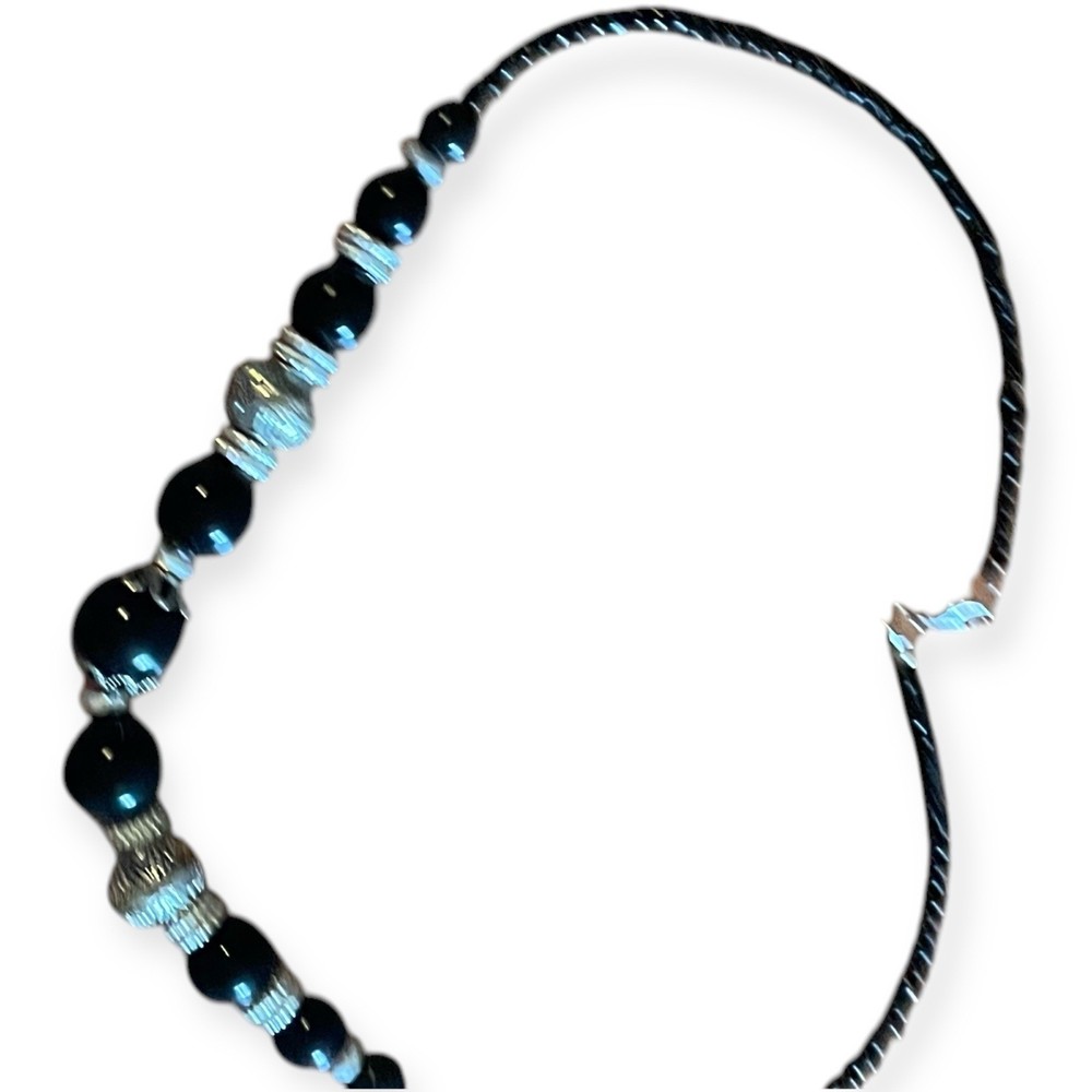 19” Black Beaded Necklace Silver Accent Filigree Spacer Boho Statement Beadwork