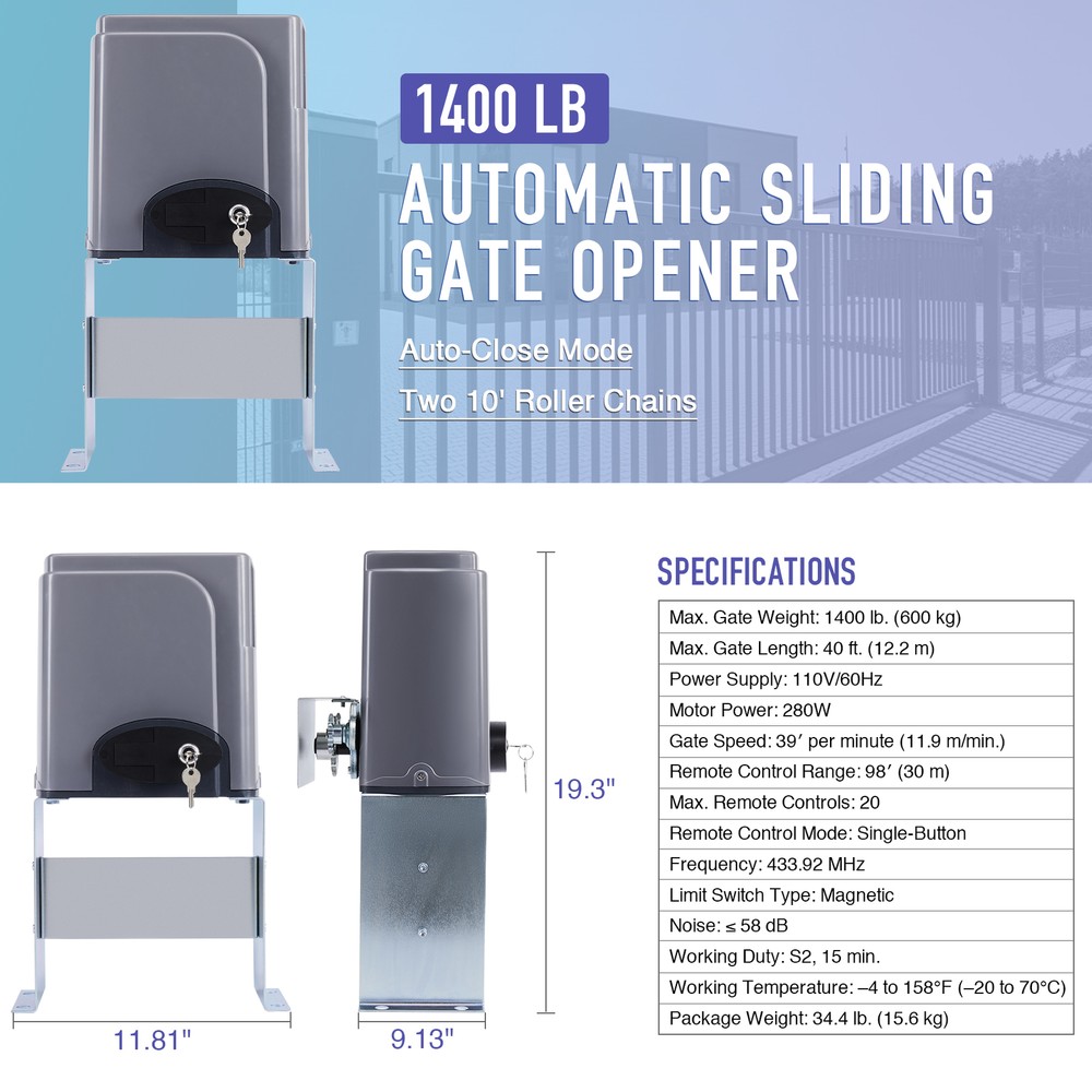 1400lbs Sliding Gate Opener Electric Operator w/Remote Control Automatic Roller.