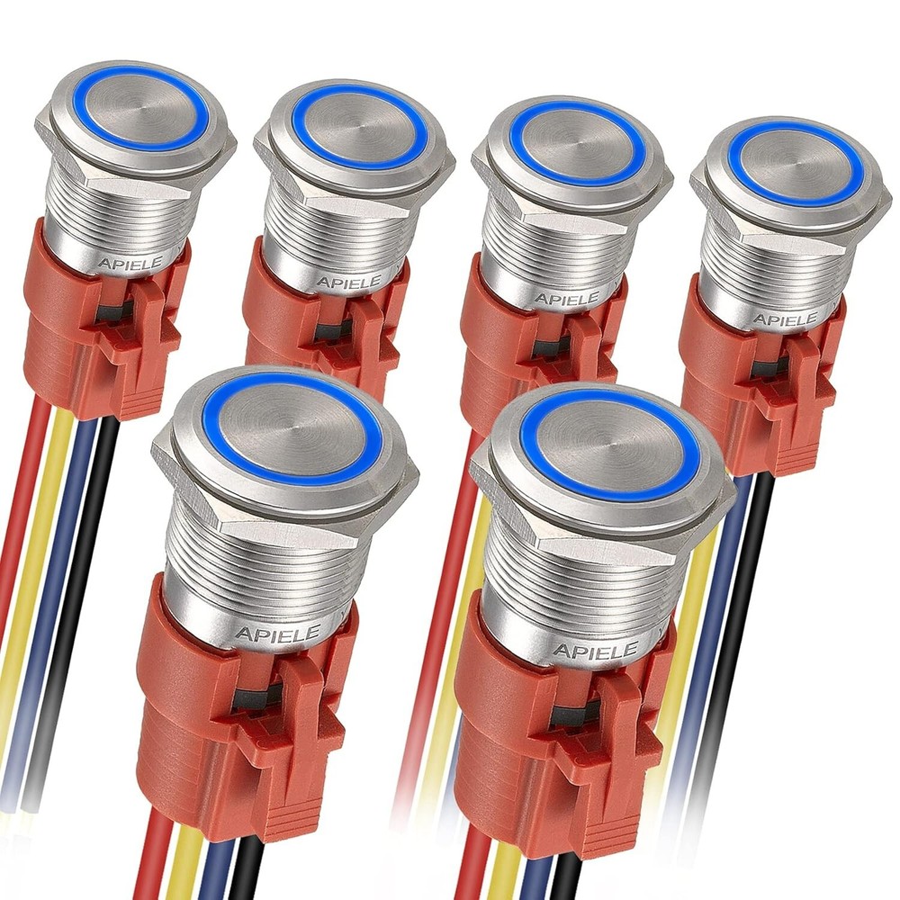 LED-Powered 19mm Latching Push Button Switch - SPDT, Waterproof, 6 Pack