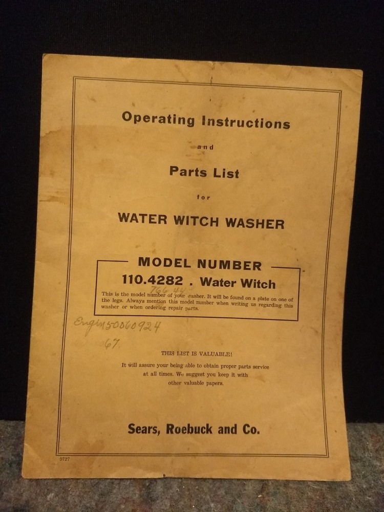 Water Witch Washer Model No. 110.4282 Operating Instruction Booklet