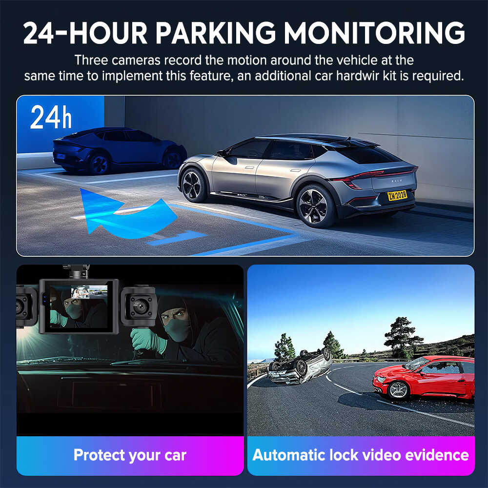 1080P Dash Cam Front and Inside, Triple Dash Cam G-Sensor, 24Hr Parking Dash Cam