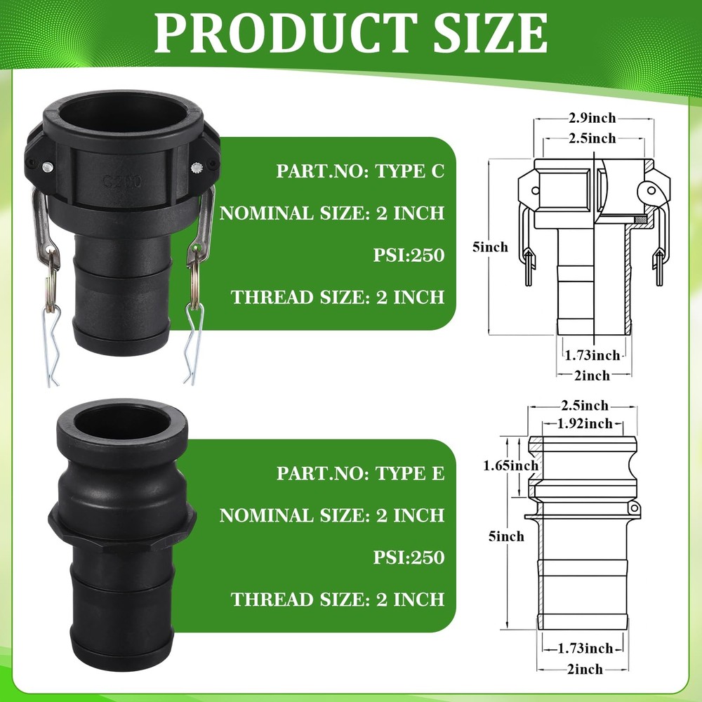 2 Sets 2 Inch Type C & E Polypropylene Camlock Hose Fitting Kit Industrial