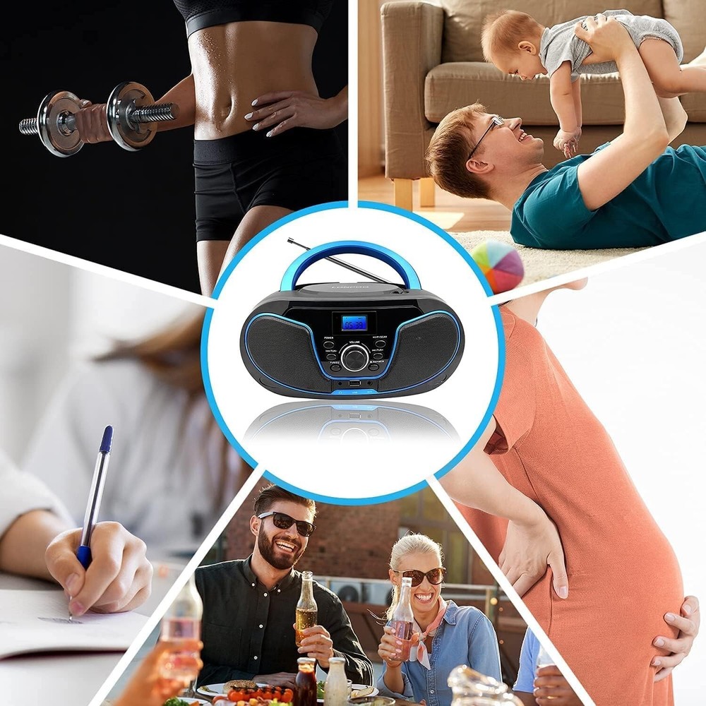 Compact CD Player Boombox with Bluetooth, AUX & Headphone Jack - Modern Design