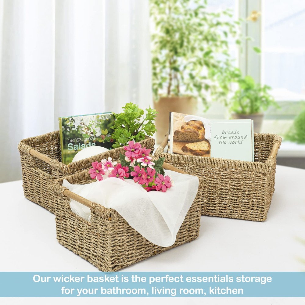 Natural Seagrass Basket With Wooden Handle Medium Rectuangular Wicker Basket For