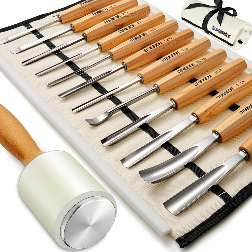 12 Pc Wood Carving Tool Kit with Chisels, Gouges, Mallet & Canvas Case for Begin