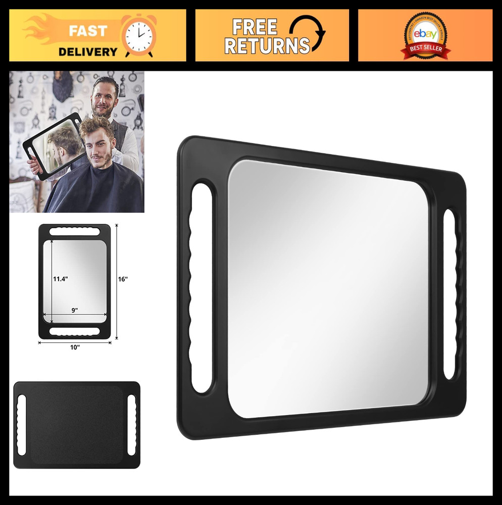 Large Rectangular Hand Mirror with Double Handle - Drop-Proof, Salon Quality, 16