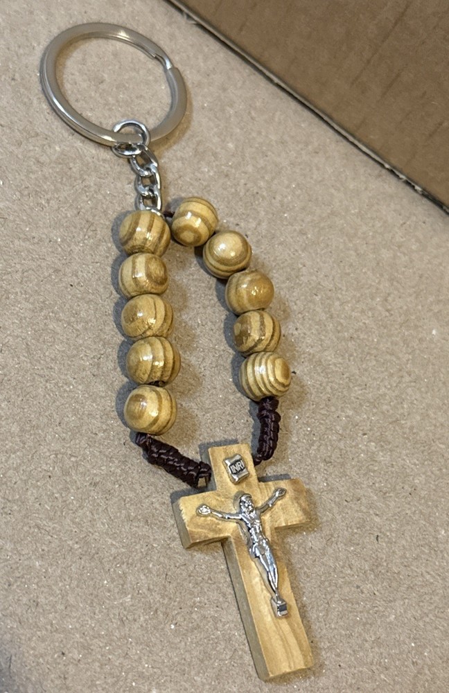Keychain Crucifix Wood Cross & Beads 4”
