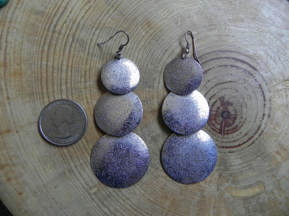 Textured 3 Round Disc Silver Dangle Earrings