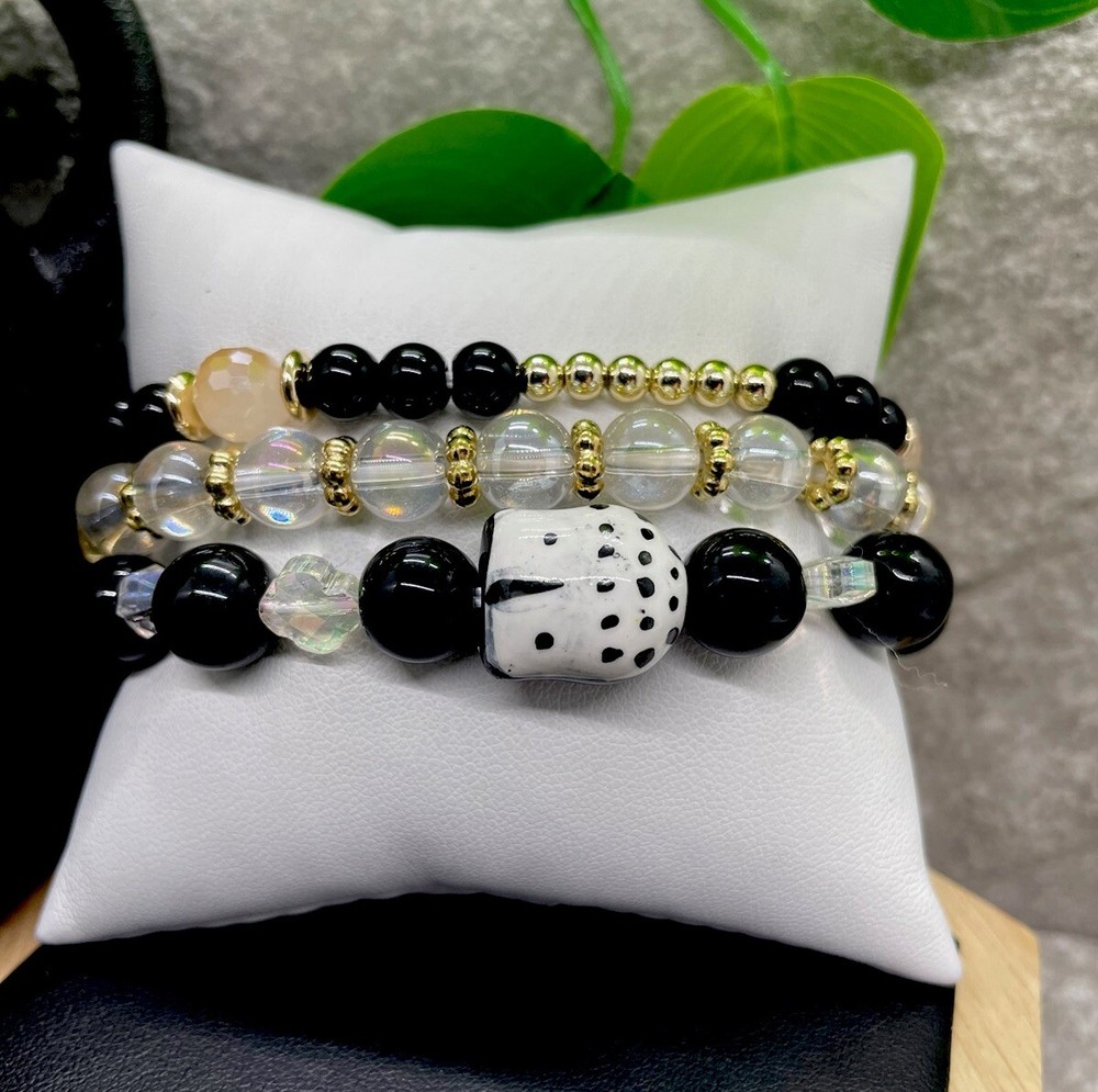 3 PC Handmade Boho Beaded Stackable 6.5” Plus Stretch Bracelet Set New B1323