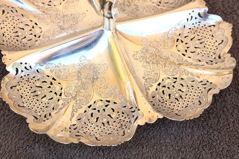 Serving Tray Dish Silver Colored Metal Elegant Cutwork Style Lace Look Handle NC