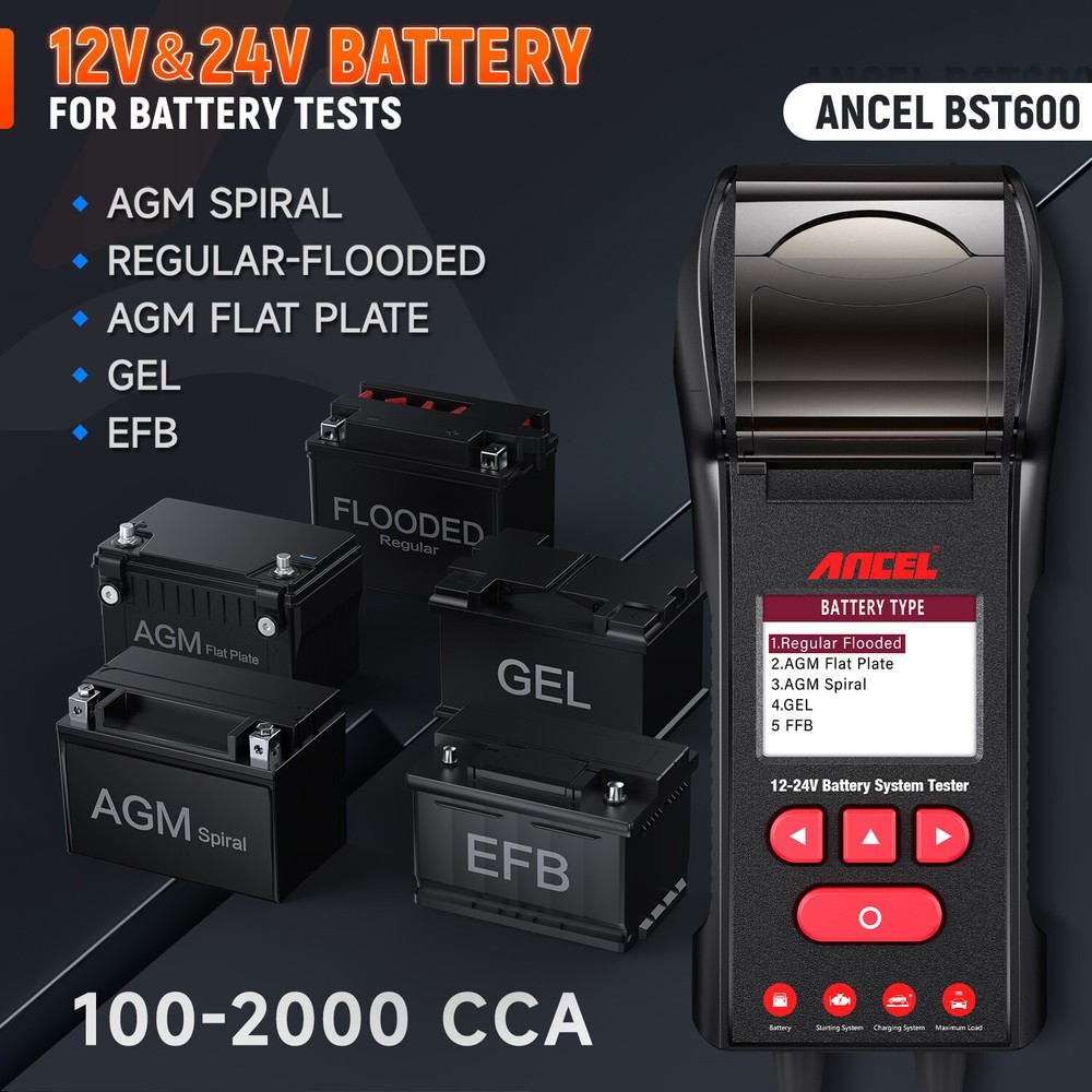 ANCEL BST600 12V & 24V 100-2000CCA Car Battery Tester Analyzer With Printer Tool