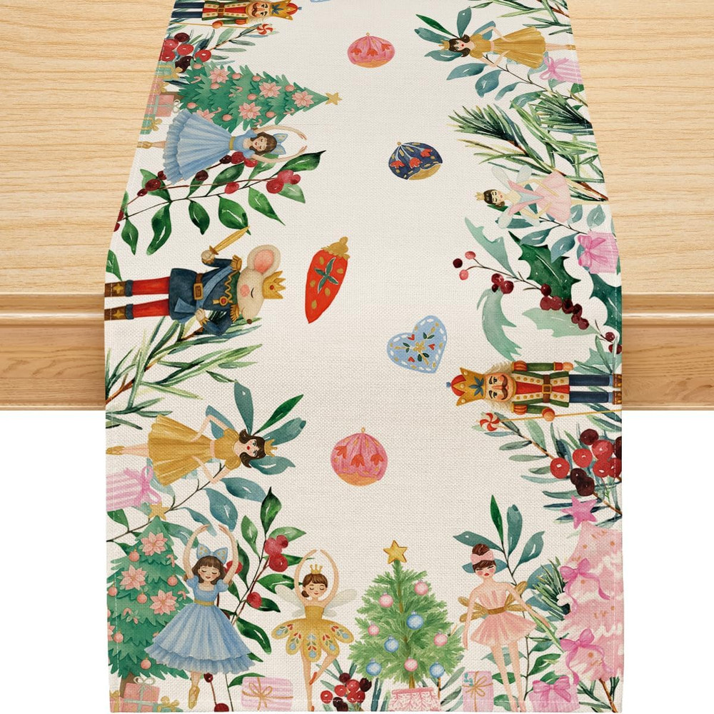 Christmas Table Runner, Floral Nutcracker Table Runner Seasonal Winter Merry Chr