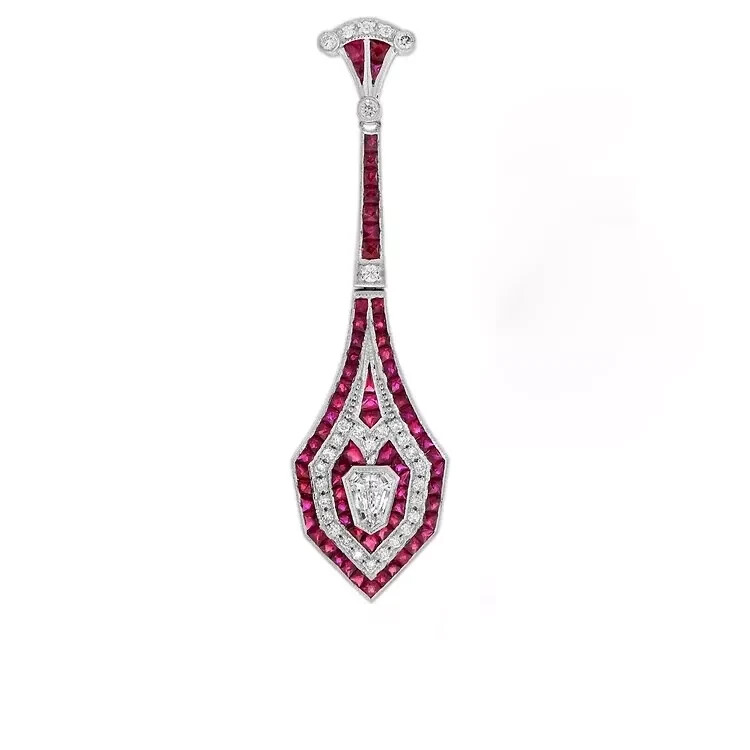 14k White Gold Finish Art Deco Style Lab-Created Diamond & Ruby Dangle Earrings