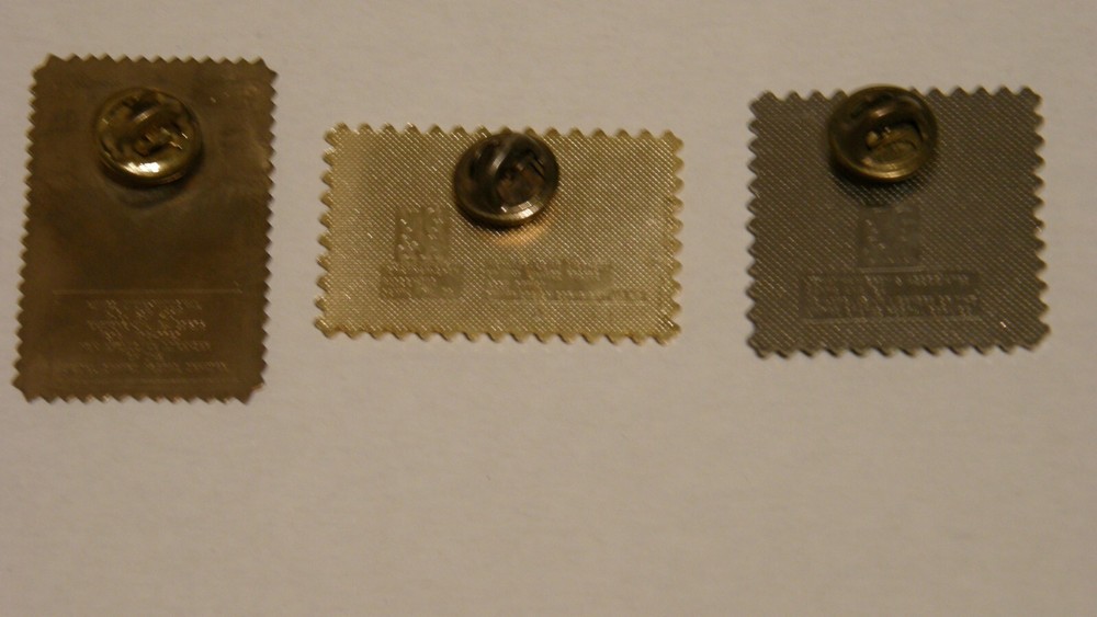 Love / Pharmacy / Amethyst Postage Stamp Pinbacks Three Total Lightly Used