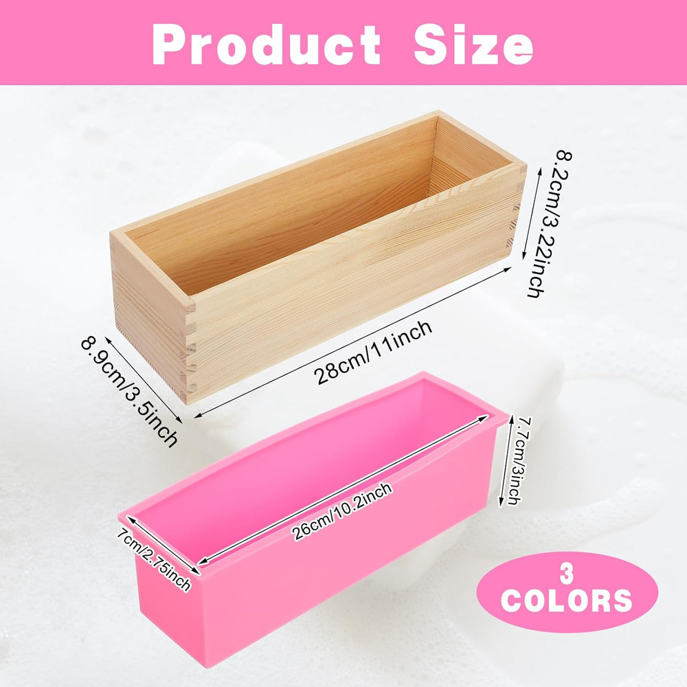 3 Pcs Soap Making Molds with Wood Box Tray, Flexible Rectangular Silicone Soap M