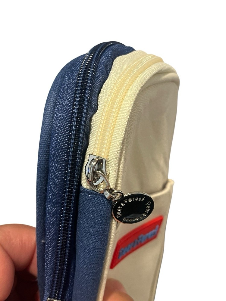 Deer & Forest Canvas Pencil Case Blue White Expandable Multi Compartment NWT