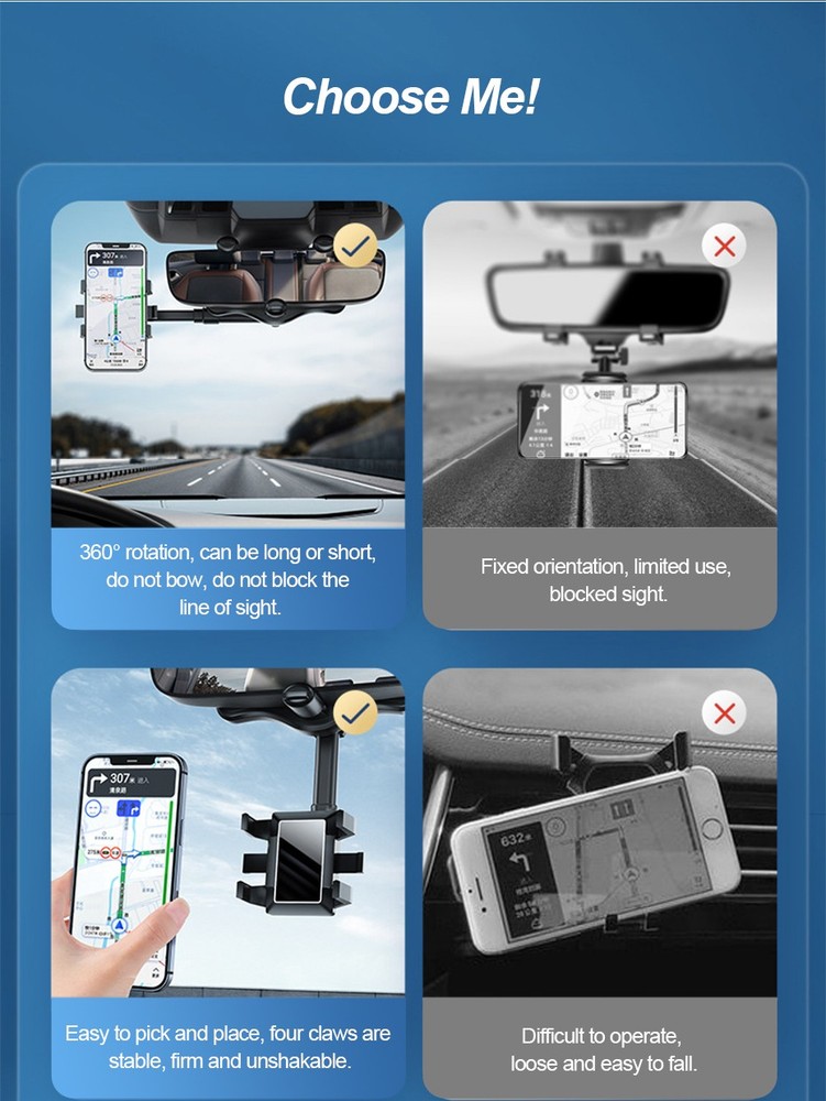 Phone Holder Bracket Car Rearview Mirror Mount Rotating Adjustable Telescopic