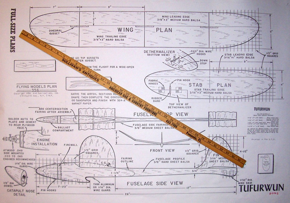 Two CATAPULT GLIDERS PLANS + BUILDING DATA for TWO 32" & 34" FF Model Airplanes