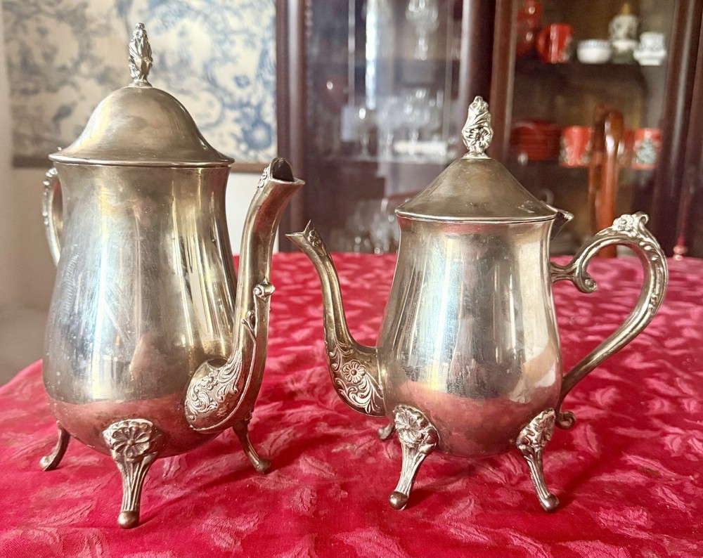 Silverplate Victorian Tea & Coffee Set Server Pitchers Ornate Design