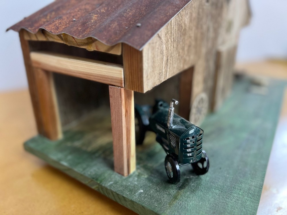 Handcrafted Rustic Barn Birdhouse with Tractor