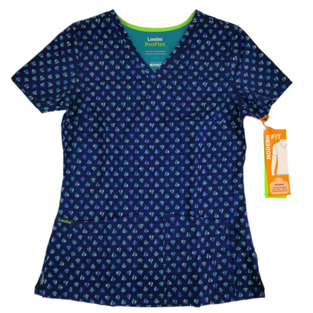 Women's Scrub Top Landau ProFlex 4163-CBPSL Blue Geometric Pattern