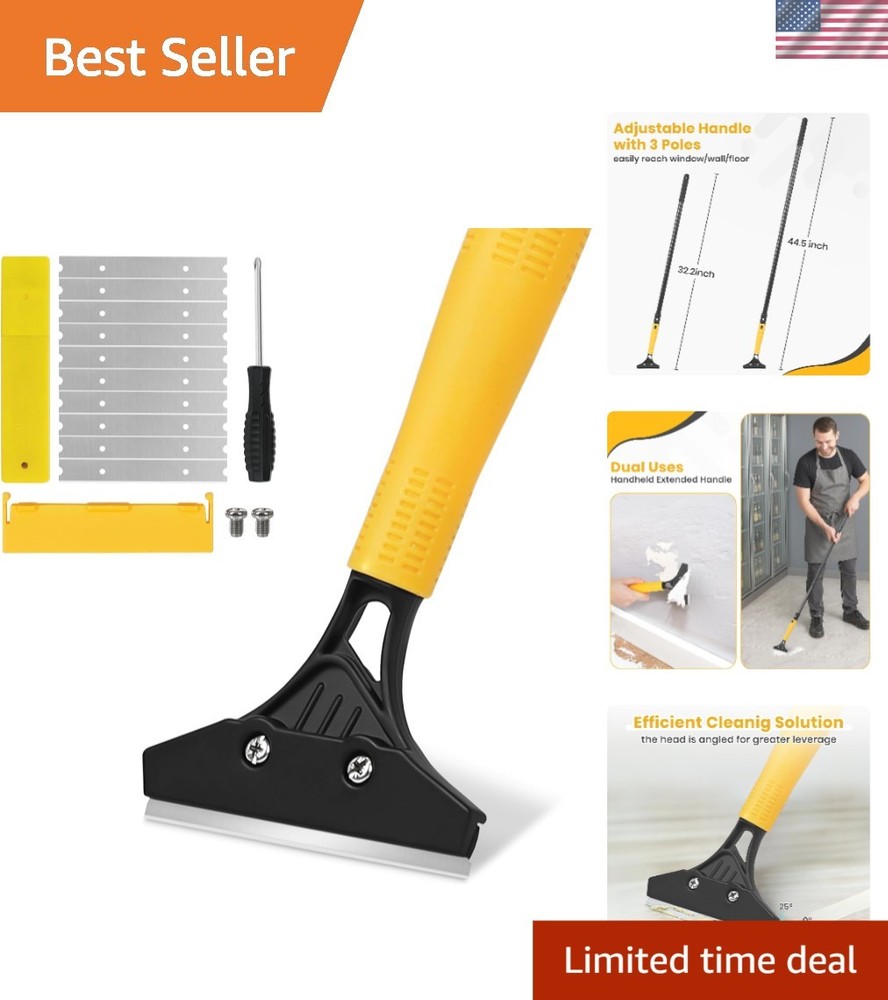Versatile Heavy Duty Floor Scraper - 44.5” Handle & 10 Razor Replacement Blades