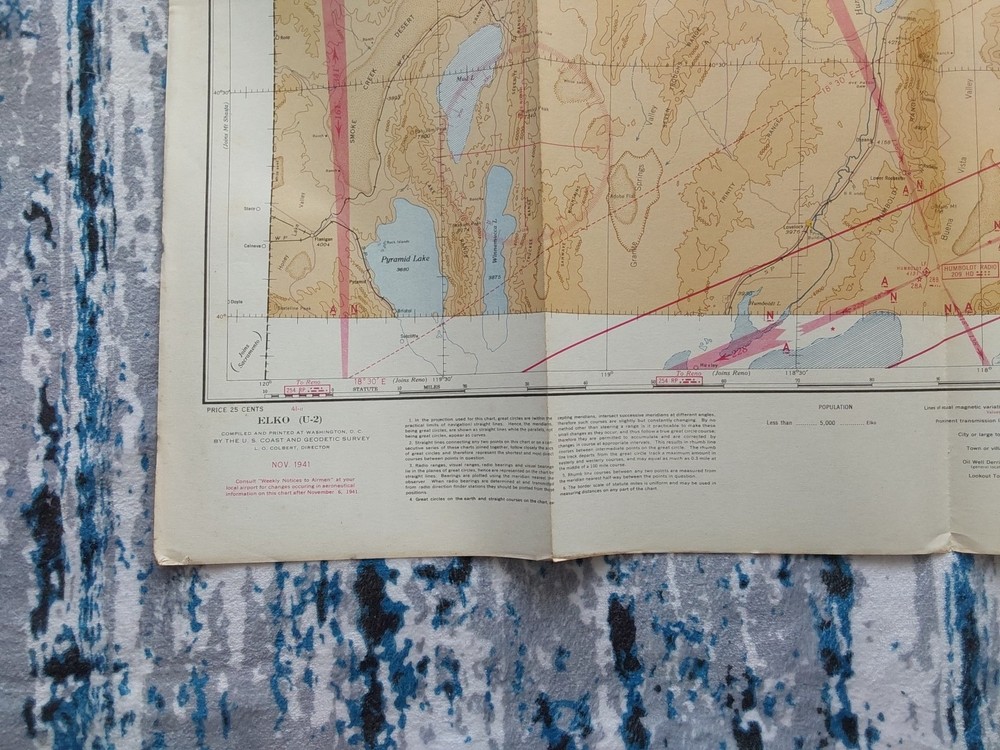 1941 WWII Sectional Aeronautical Chart Pilot Map Elko NV