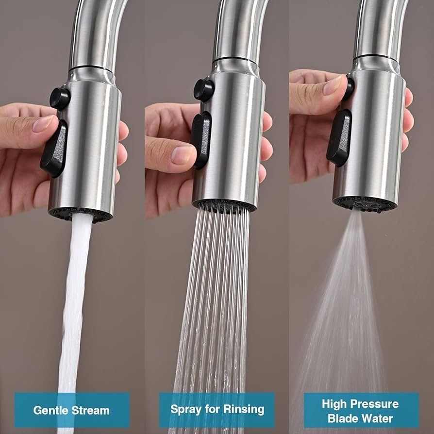 (LUH) Metal Kitchen Faucet Spray Head 3-Function Pull Down Brushed Nickel