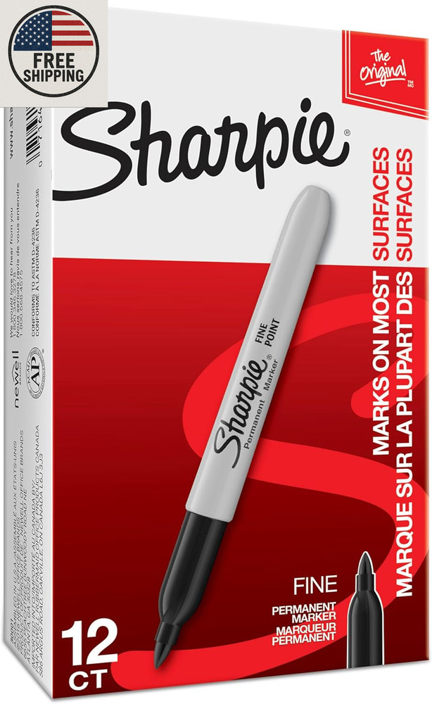 Sharpie Permanent Markers, Fine Tip, Black, 12 Count - for Classroom, Office, &