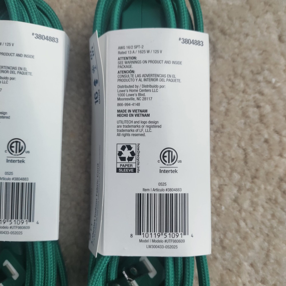NEW (3) Utilitech 9 FT 3-Outlet Indoor Green Fabric Cord
