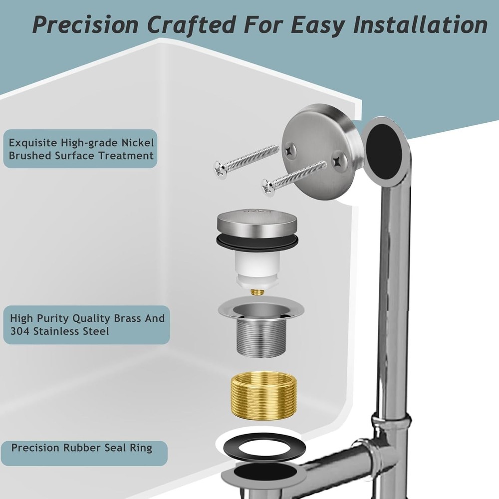 Tip-Toe Bathtub Drain Kit with Two-Hole Overflow Standard, Brushed Nickel