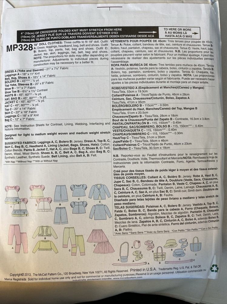 18” Doll Clothes & Accessories Sewing Pattern McCall’s MP328