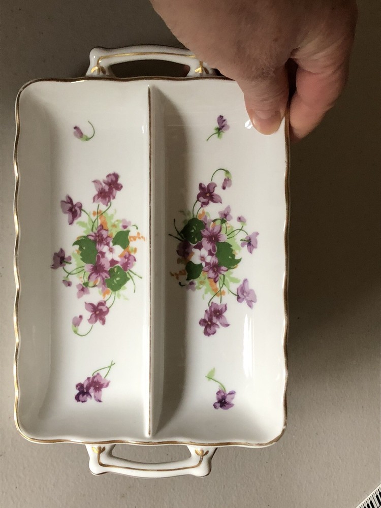 VTG PORCELAIN SWEET VIOLETS DIVIDED RECTANGULAR DOUBLE HANDLE DISH JAPAN 8”