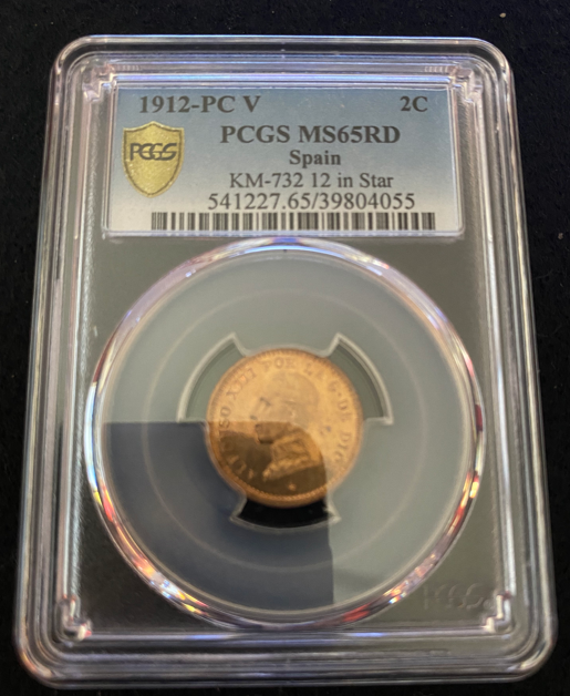 SPAIN 2 CENTIMOS 1912-PC V PCGS MS 65 RD RARE