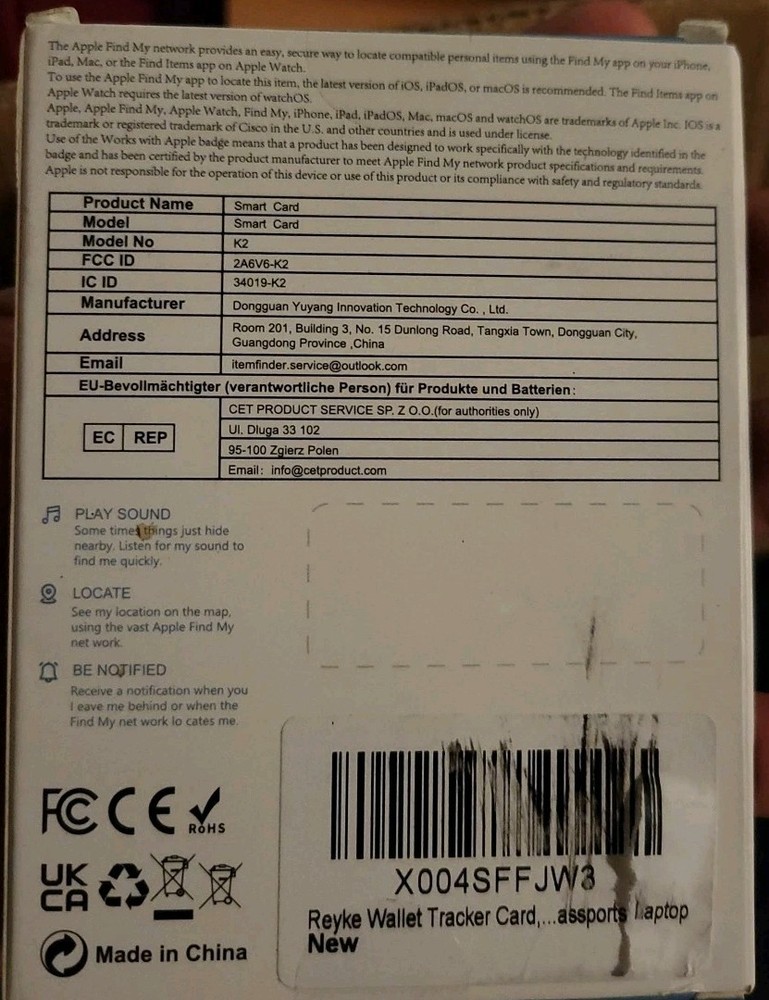 Reyke Wallet Tracker Card, Rechargeable Thin Finder, 1 Pack, Black