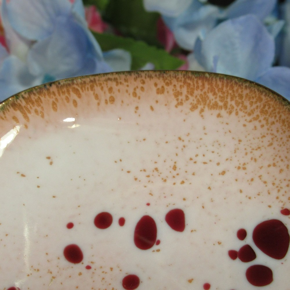 Handmade Enamel on Copper Rectangular Dish Pink With Red & Gold Speckles