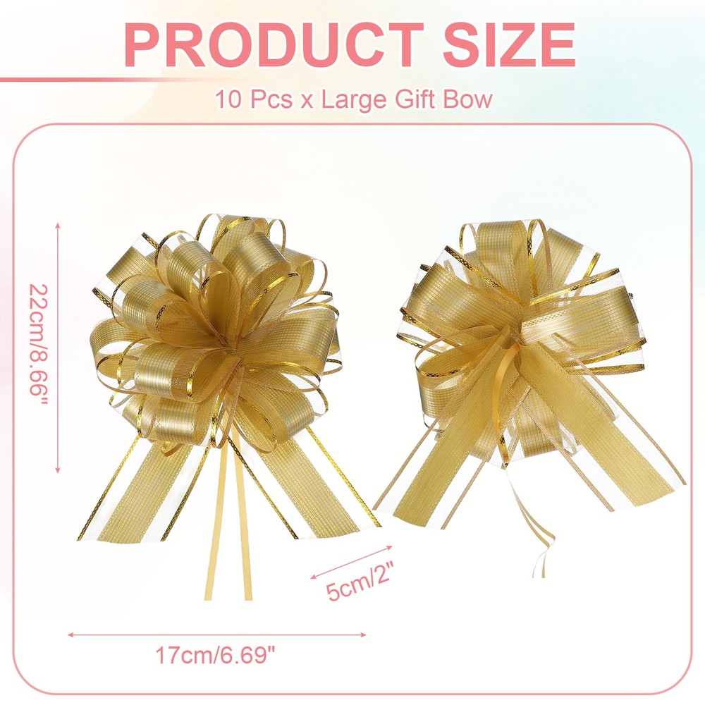 Large Gift Bow 9x7 Inch, 10 Pack Pull Bows for Gift Wrapping, Gold Tone