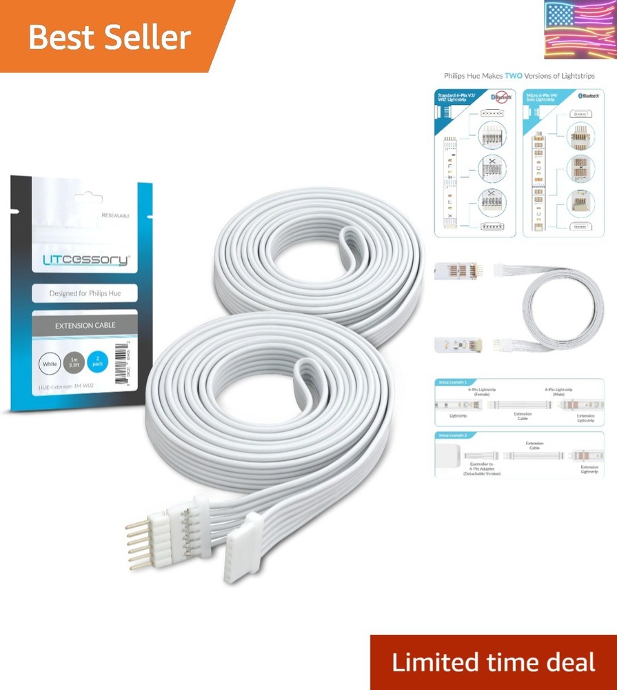 Extension Cable for Philips Hue/Solo Lightstrip 3.3ft, 2 Pack, White - Micro ...