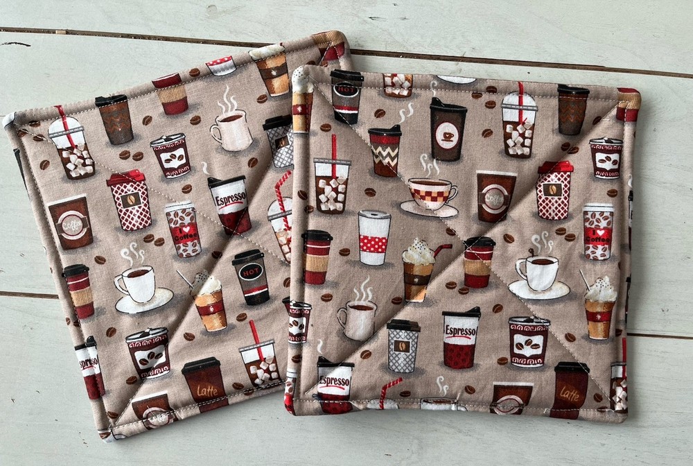 2 Coffee-Themed Hot Pads/Potholders. Handmade. 8” Square