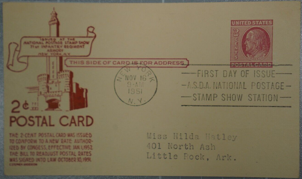 US 1951 FDC, 2c Postal Card, Anderson