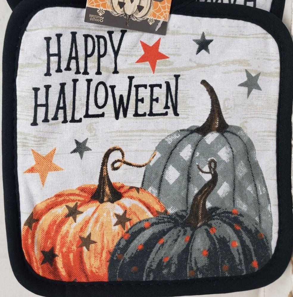2 Same Kitchen Potholders(7"x7")MULTICOLOR PUMPKINS & STARS, HAPPY HALLOWEEN, GR