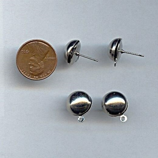 12 VINTAGE SILVER ROUND 11mm. SMOOTH DOMED STUD EARRINGS WITH DANGLE LOOP A953