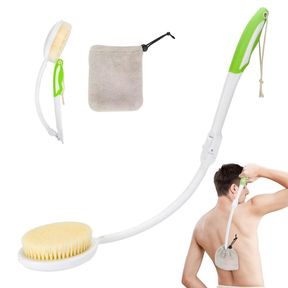 Back Scrubber Bath Brush for Shower Curved Long Handle, Foldable White