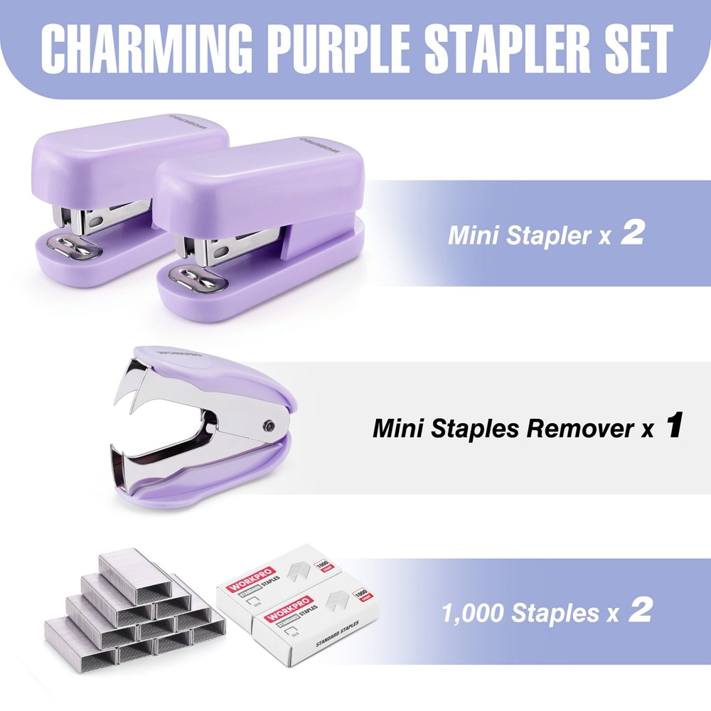 WORKPRO 3Pcs Mini Stapler Set Staple Remover 2000 Staples 12 Sheet Capacity US