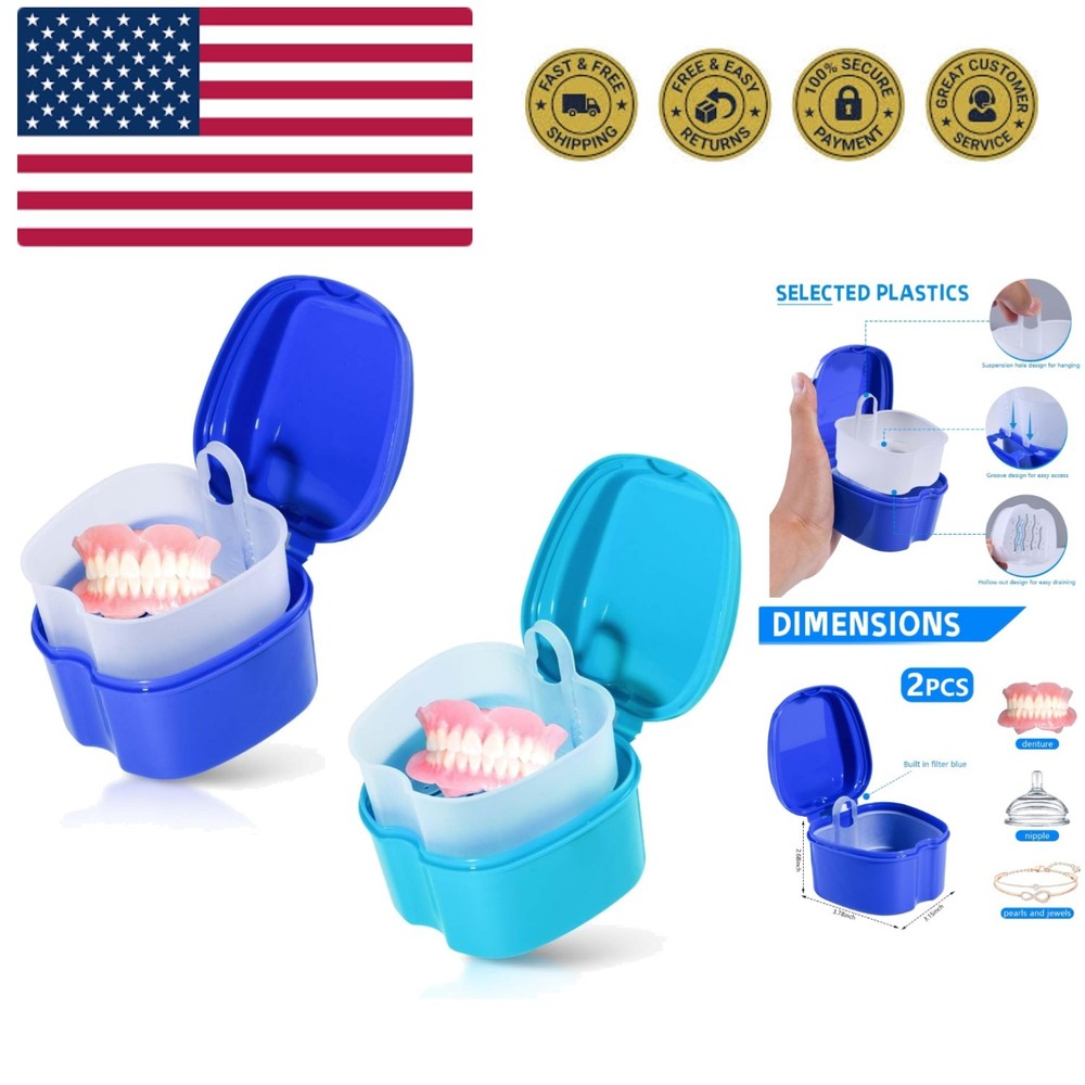 2 Pack Colors Denture Bath Case Cup Box Holder Storage Soak Container with St...