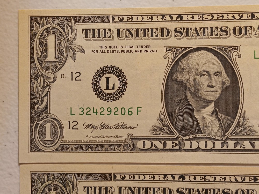 2-Errors Consecutive 1999 $1 Green Seal Federal Reserve Notes- Offset Error