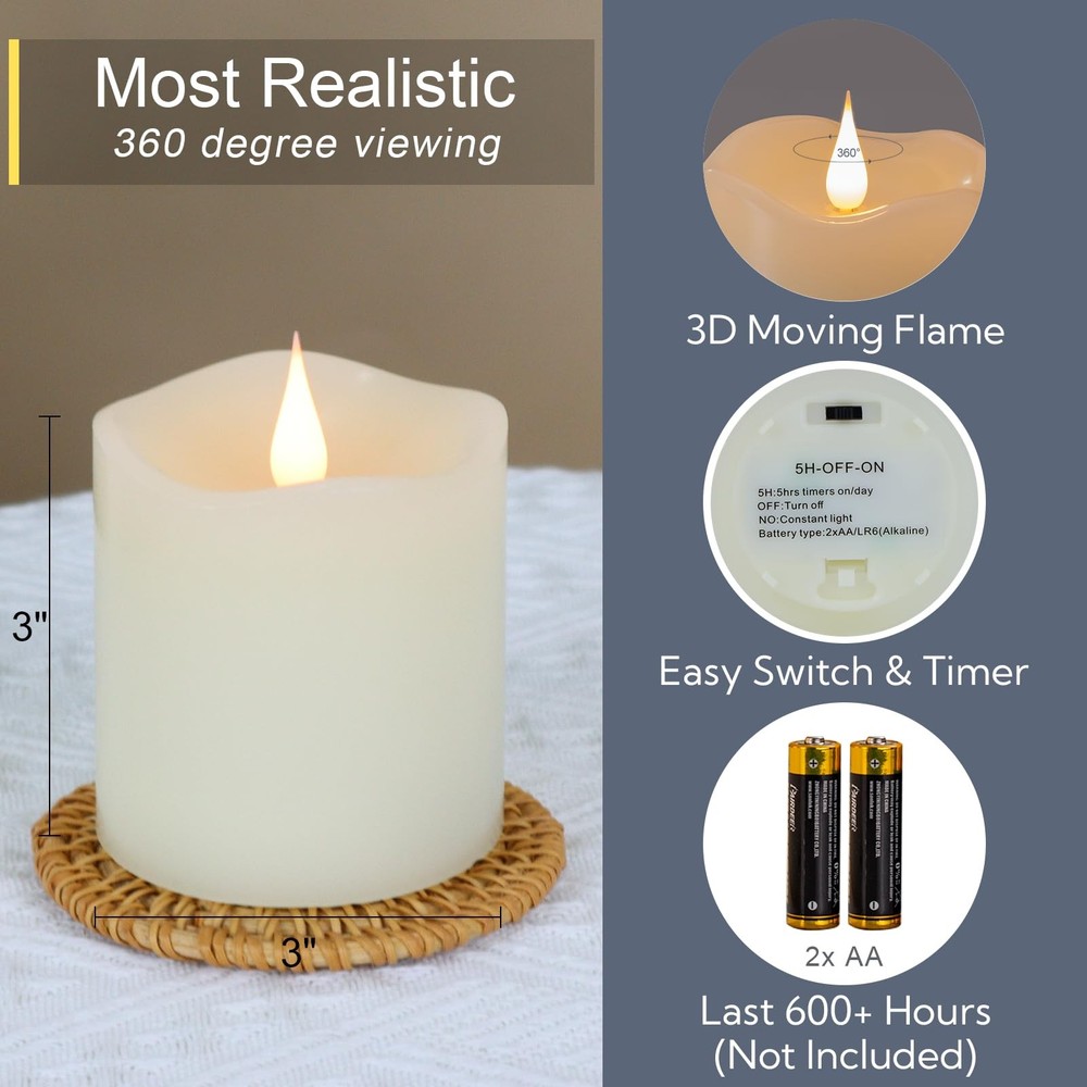 Flameless LED Candles with Timer 3D Flickering Flame 3" x 3" Ivory