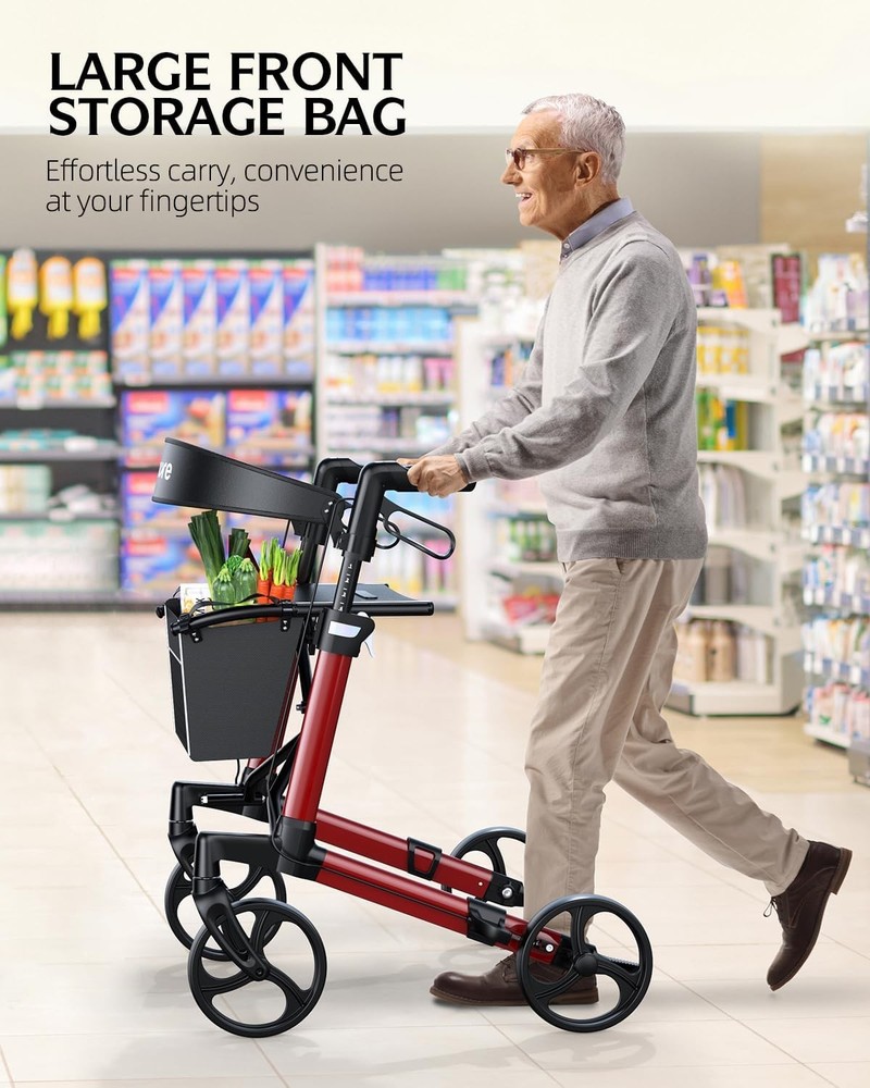 Foldable Rollator Walker with Seat & Back 16lb 8" All-Terrain Wheels Red