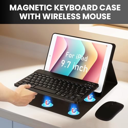 Bluetooth Keyboard Case with Mouse for iPad 6th/5th 9.7 inch+Mouse Black